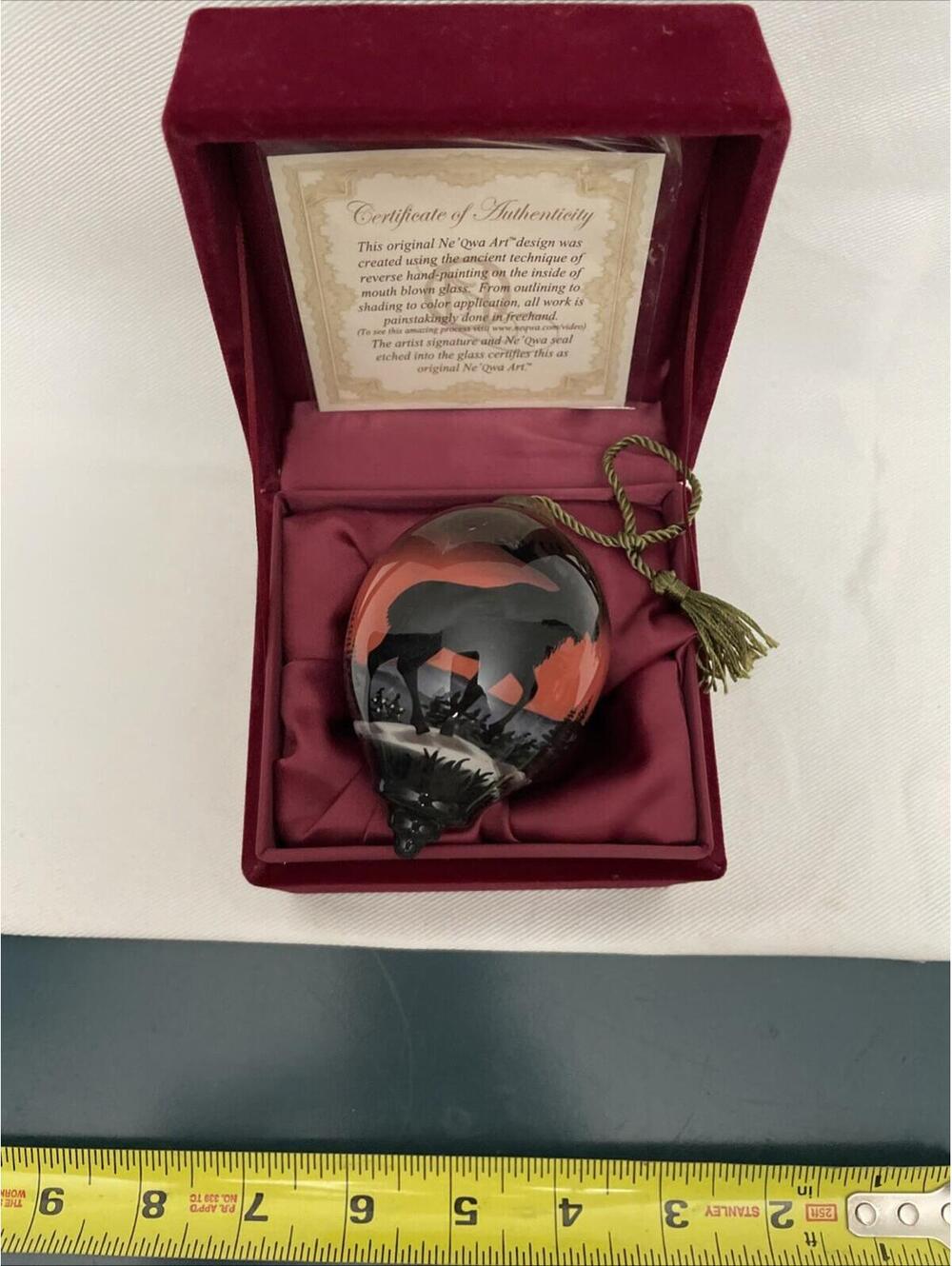 Ne’Qwa Art Moose Silhouette Ornament Betty Padden Reverse Painted Glass w/ Box
